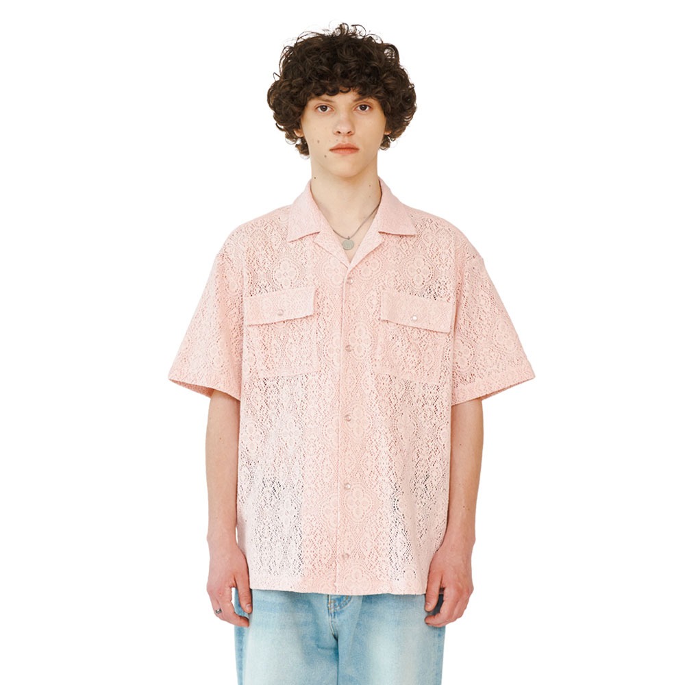 레씨토OPEN COLLAR CLOVER LACE SHIRTS 핑크반팔셔츠 오픈 카라셔츠